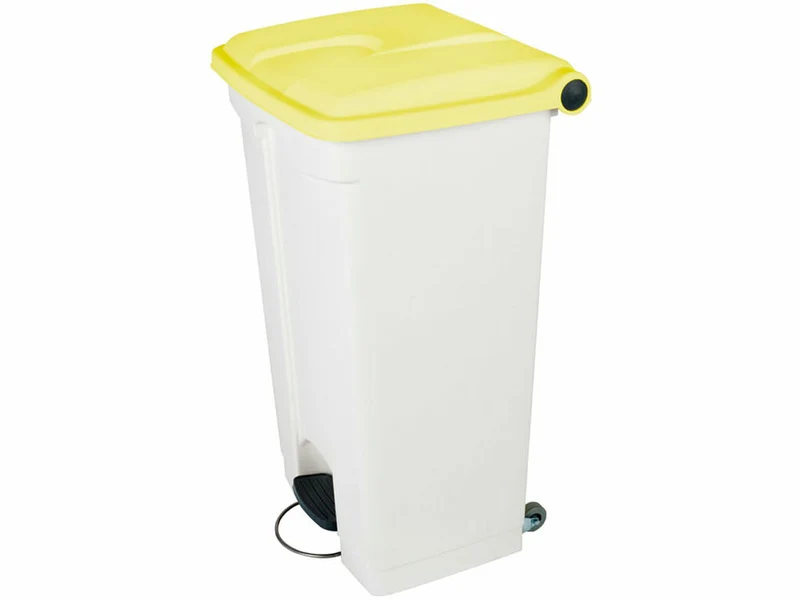 CONTENEDOR A PEDAL JVD 90 L TAPA AMARILLA CON RUEDAS