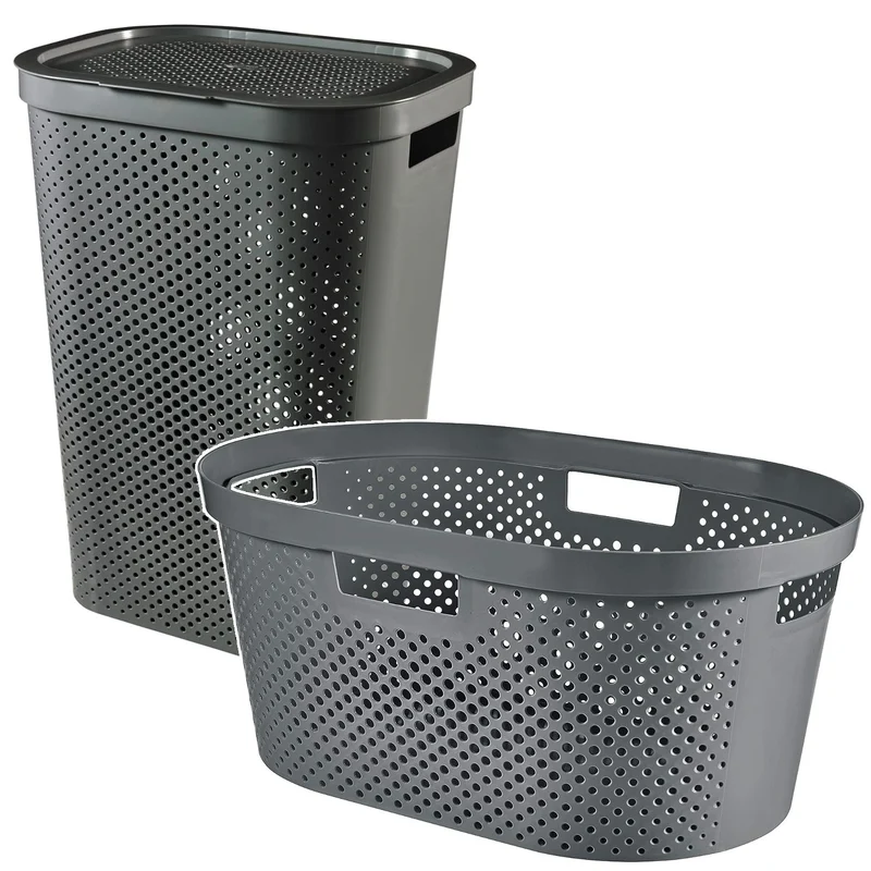 Curver Infinity Recycled mangle / cesto para la ropa, Capacidad 40L, Gris oscuro, 100% reciclado, 245675 + Curver Infinity Recycled 60L cesto para la ropa