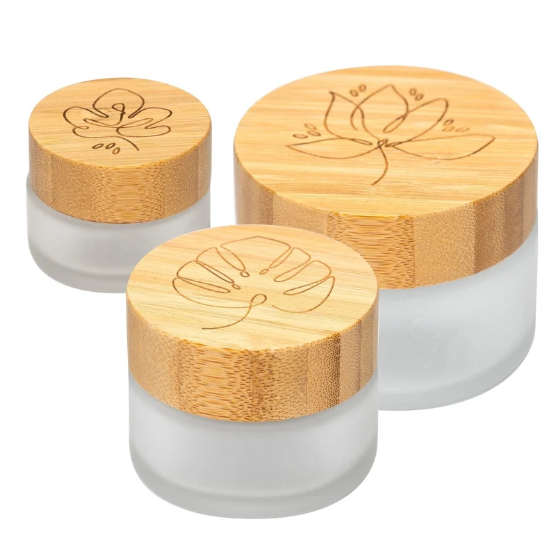 skin:kitchen Glastiegel mit Bambusdeckel & Gravur für selbstgemachte Kosmetik 3er Set 20, 50 & 100g Frosted