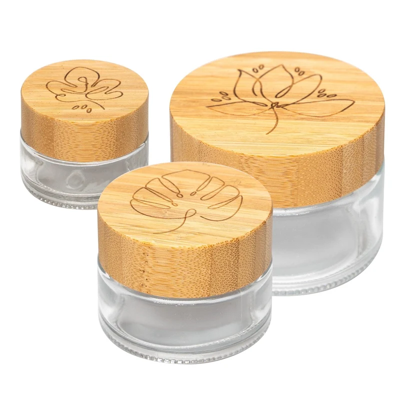 skin:kitchen Glastiegel mit Bambusdeckel & Gravur für selbstgemachte Kosmetik 3er Set 20, 50 & 100g Klar