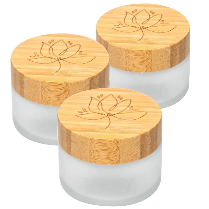 skin:kitchen Glastiegel mit Bambusdeckel & Gravur für selbstgemachte Kosmetik 3er Set 100g Frosted
