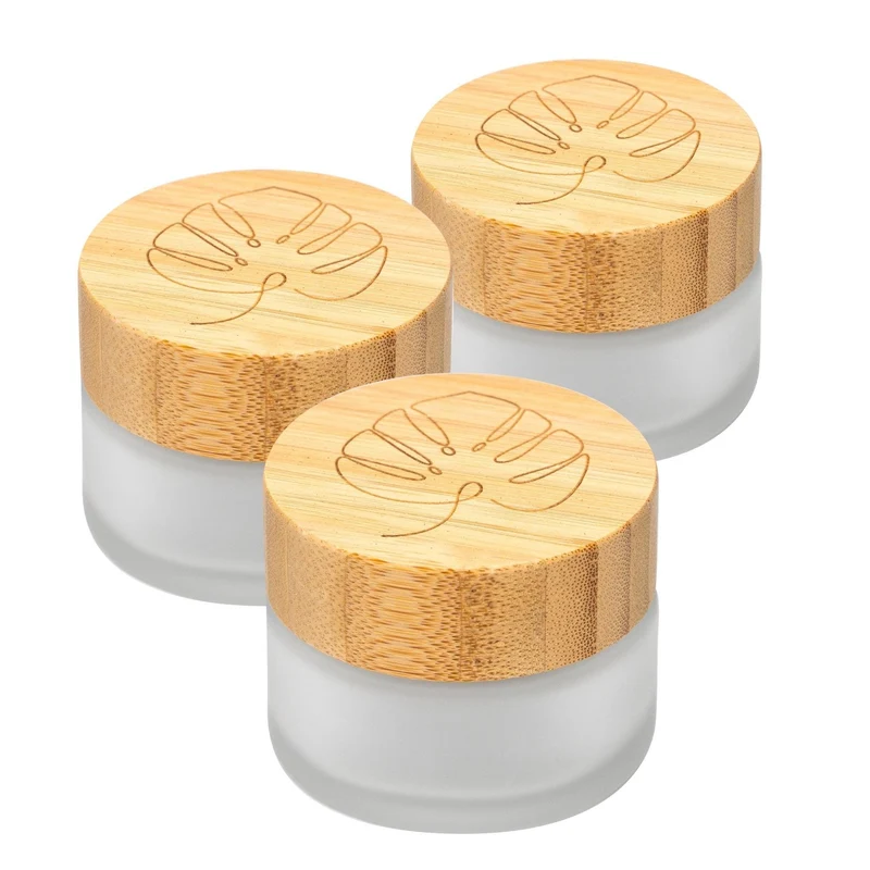 skin:kitchen Glastiegel mit Bambusdeckel & Gravur für selbstgemachte Kosmetik 3er Set 50g Frosted