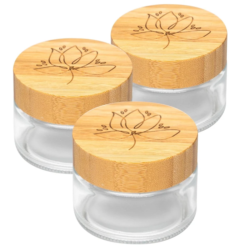 skin:kitchen Glastiegel mit Bambusdeckel & Gravur für selbstgemachte Kosmetik 3er Set 100g Klar