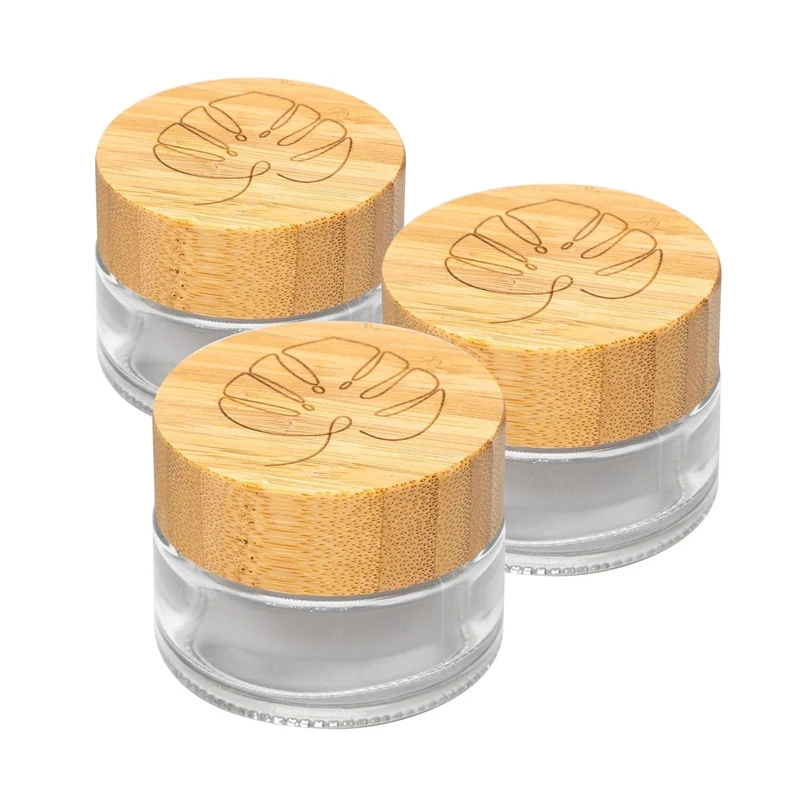 skin:kitchen Glastiegel mit Bambusdeckel & Gravur für selbstgemachte Kosmetik 3er Set 50g Klar