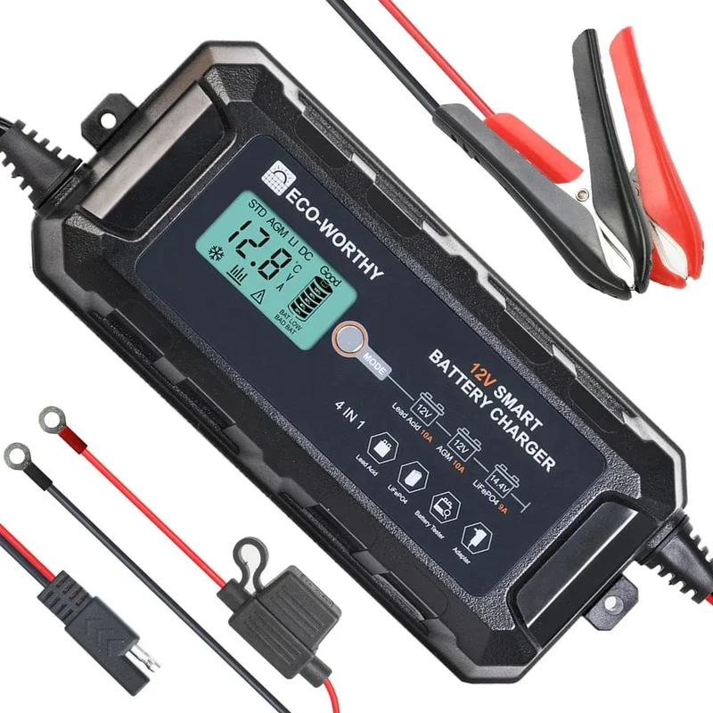 Eco-Worthy 10A 12V Smart Battery Charger with LCD Display for Lithium (LiFePO4) Batteries