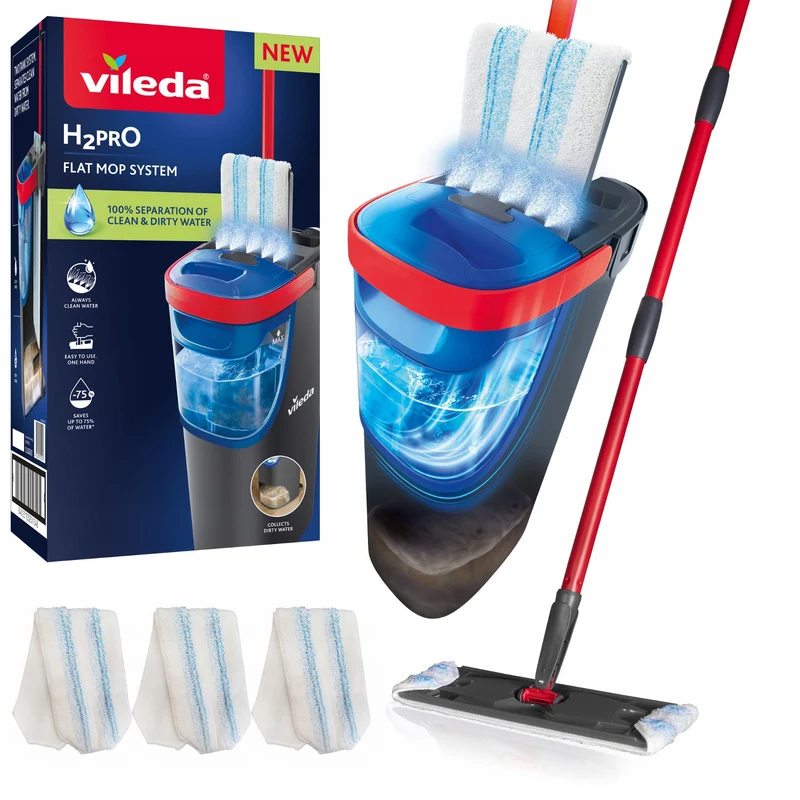 Fregona plana Vileda H2prO, separación del 100 % del agua limpia del agua sucia, dos depósitos, 3 fundas de microfibra, cabezal giratorio 360°, 175774