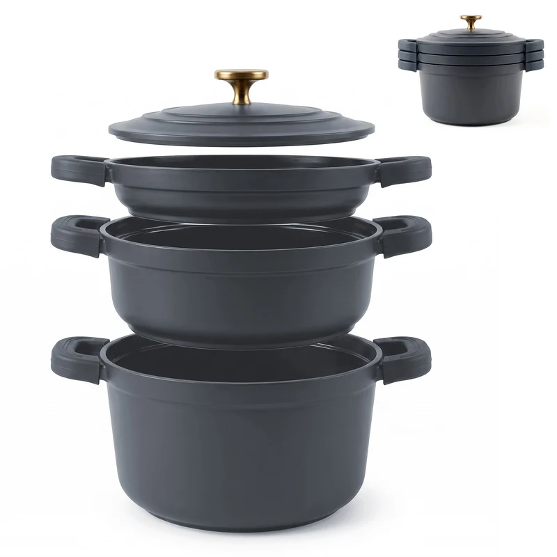 Batería Cocina Inducción Totem Apilable 4 Piezas Ø 22cm Antiadherente Cerámico Gris