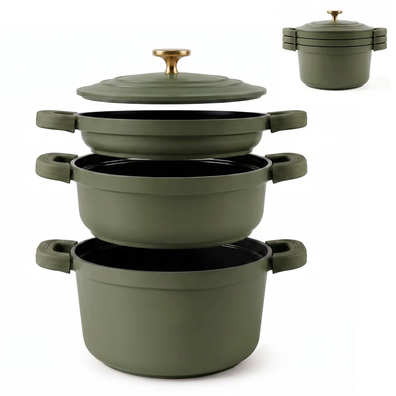 Batería Cocina Inducción Totem Apilable 4 Piezas Ø 22cm Antiadherente Cerámico Verde