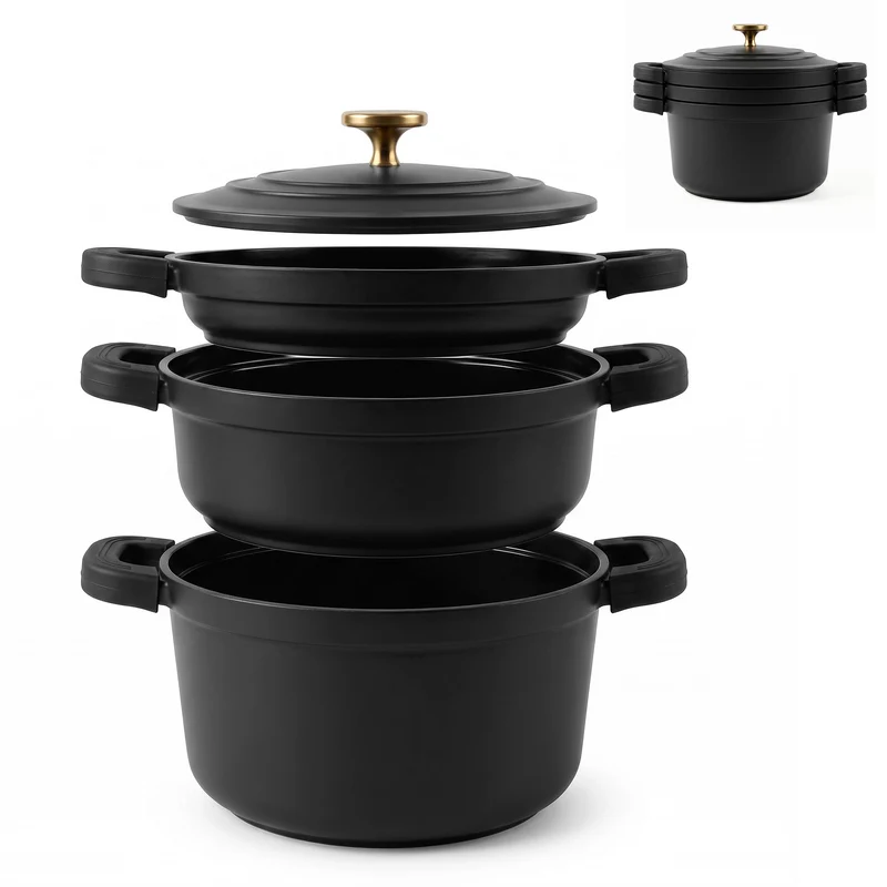 Batería Cocina Inducción Totem Apilable 4 Piezas Ø 22cm Antiadherente Cerámico Negro