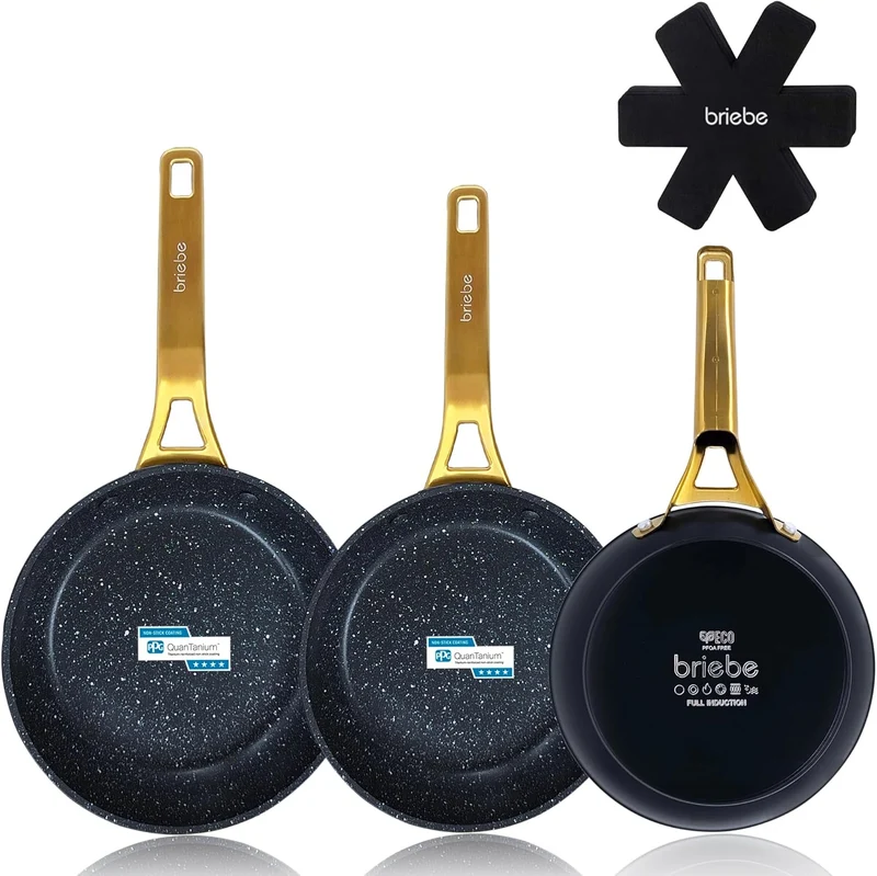 Juego de 3 Sartenes Antiadherentes Induccións Gold Titanium Ø 20-24-28