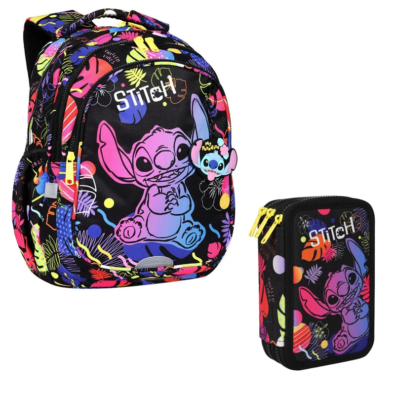 Mochila escolar 19 L Coolpack Jerry DISNEY STITCH negra + Estuche CoolPack de tres compartimentos con accesorios JUMPER 3 STITCH