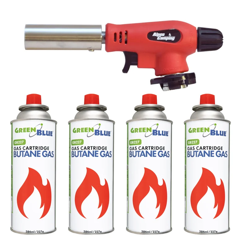 Quemador de cartuchos Alpen Camping, rango de trabajo de 360°, temperatura de la llama de 1300 °C, encendido piezoeléctrico, OLIMP + 4 cartuchos de gas de 227 g GreenBlue. Certificado: Pi 0875, conforme a la norma EN 417