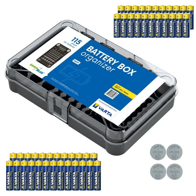 Organizador de pilas GreenBlue Varta Box GB189 + 22 pilas AA Varta Industrial + 25 pilas AAA Varta Industrial + 4 pilas CR2032 de litio Varta