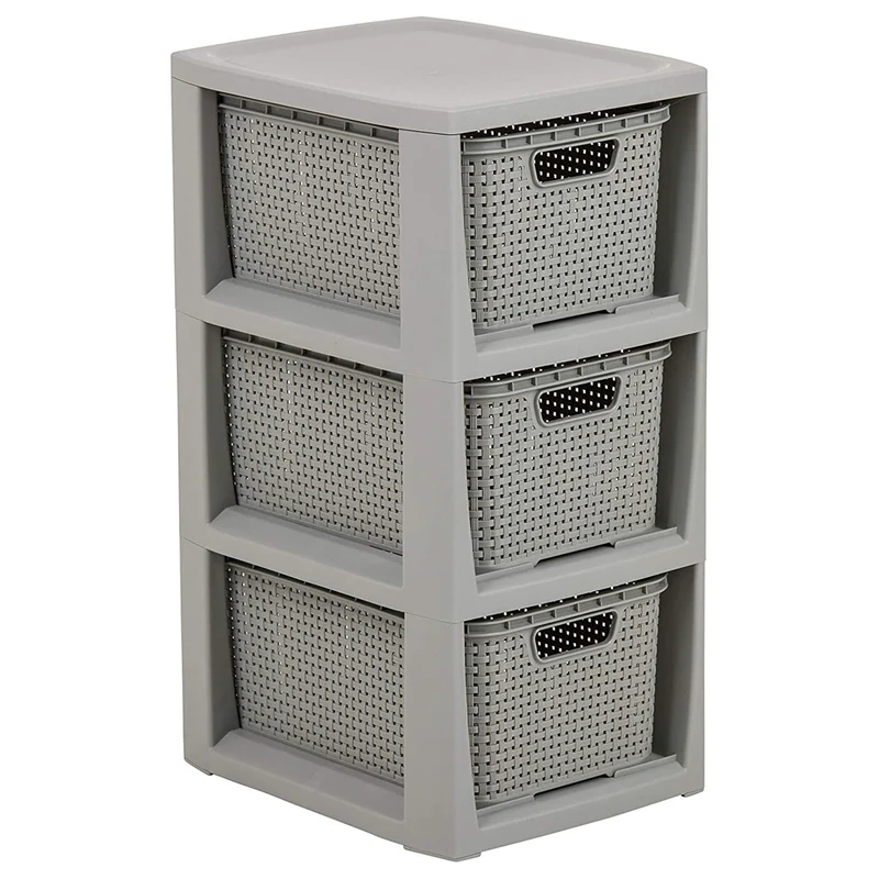 BranQ Perchero de ratán con 3 cestas color gris 3x7l