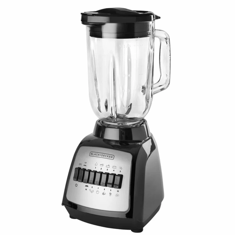 Licuadora Negra, 550 watts de potencia, Vaso de vidrio de 1,25 lts
