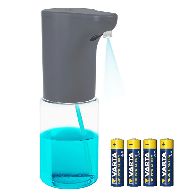 Dispensador automático Promedix, contenedor dispensador para jabones líquidos, líquidos desinfectantes, 300ml, gris, PR-540 GR + 4 pilas Varta Industrial AA