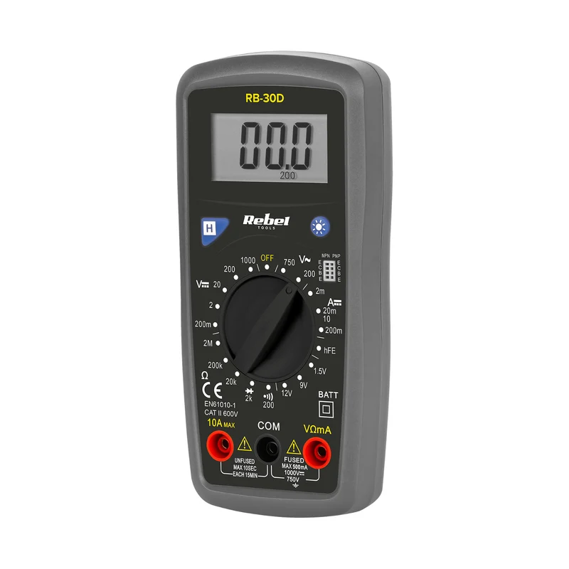 El medidor universal Rebel Tools RB-30D incluye cables de prueba