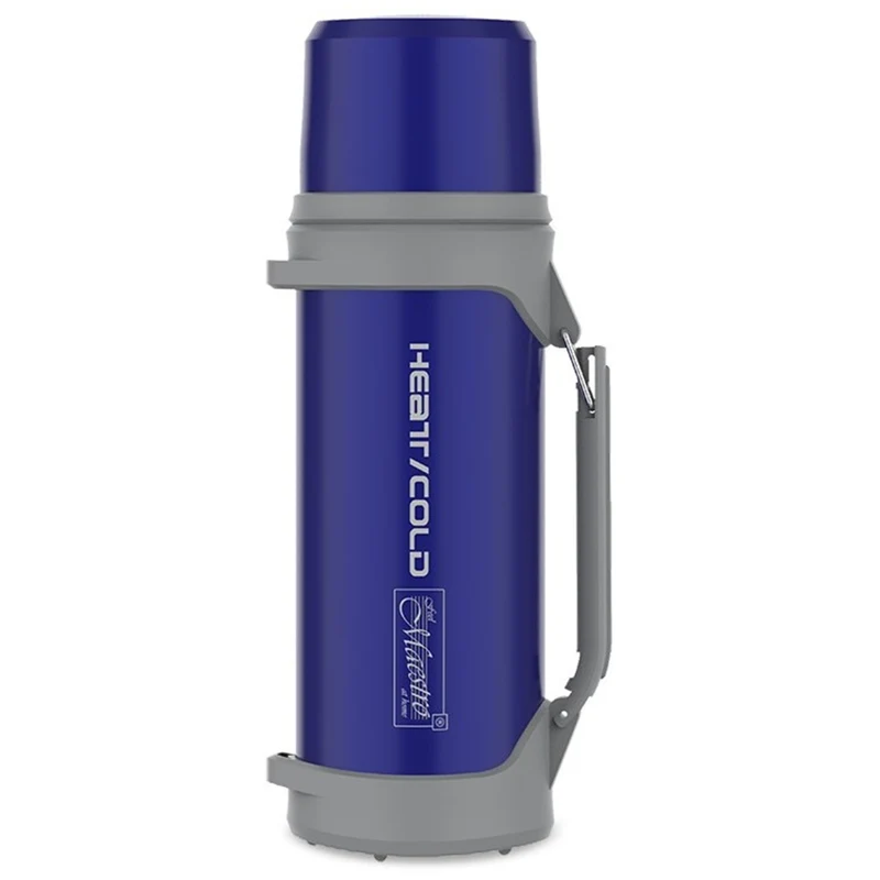 Botella isotérmica de 1L con vaso 350ml con aislamiento al vacío y correa de transporte de 110cm Botella isotérmica de acero inoxidable 304 + plástico para bebidas calientes o frías (azul marino)