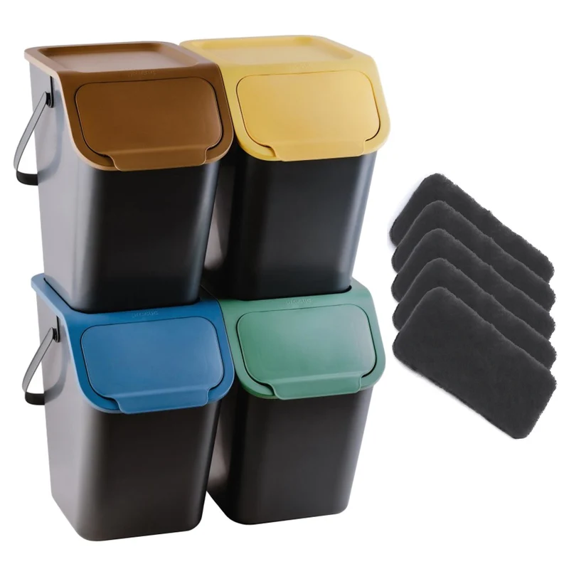 Juego de 4 contenedores negros para la clasificación de residuos BINI con tapas de colores (amarillo/verde/azul/marrón) + 5 filtros de carbón