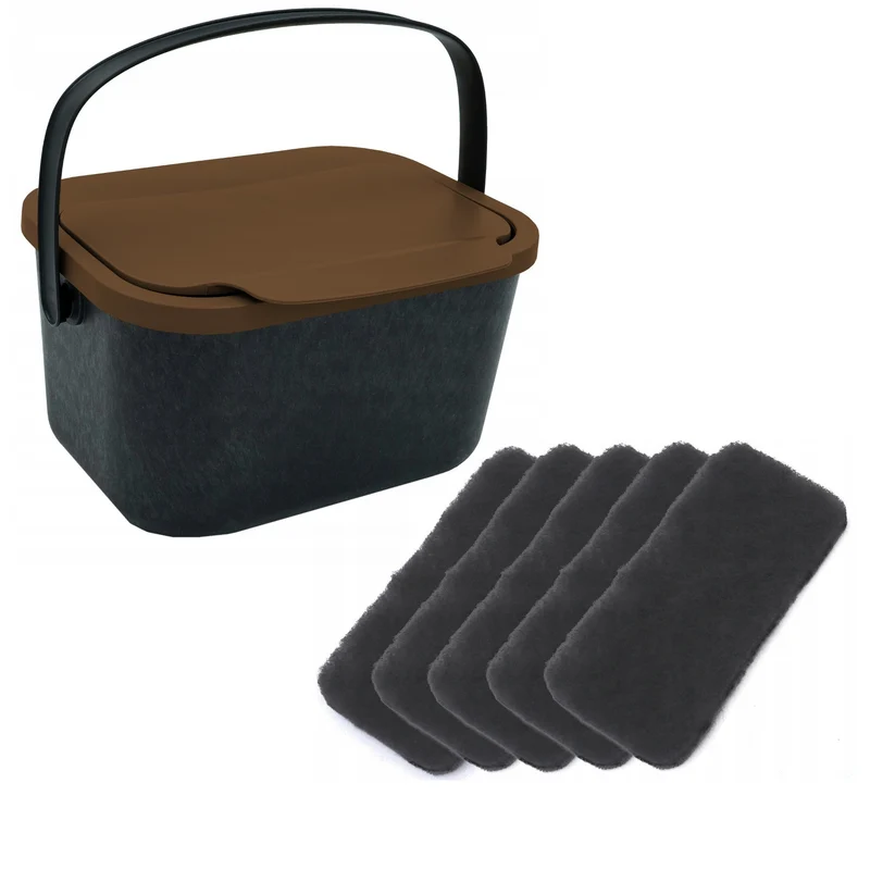 Contenedor para residuos orgánicos, capacidad de 4,5 litros, negro con tapa marrón, Mini Bini + 5 filtros de carbón Practic
