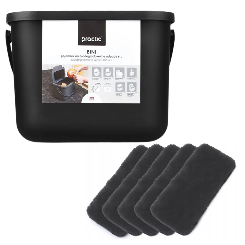 Contenedor para residuos orgánicos de 6 l, negro, Bini Practic + 5 filtros de carbón Practic