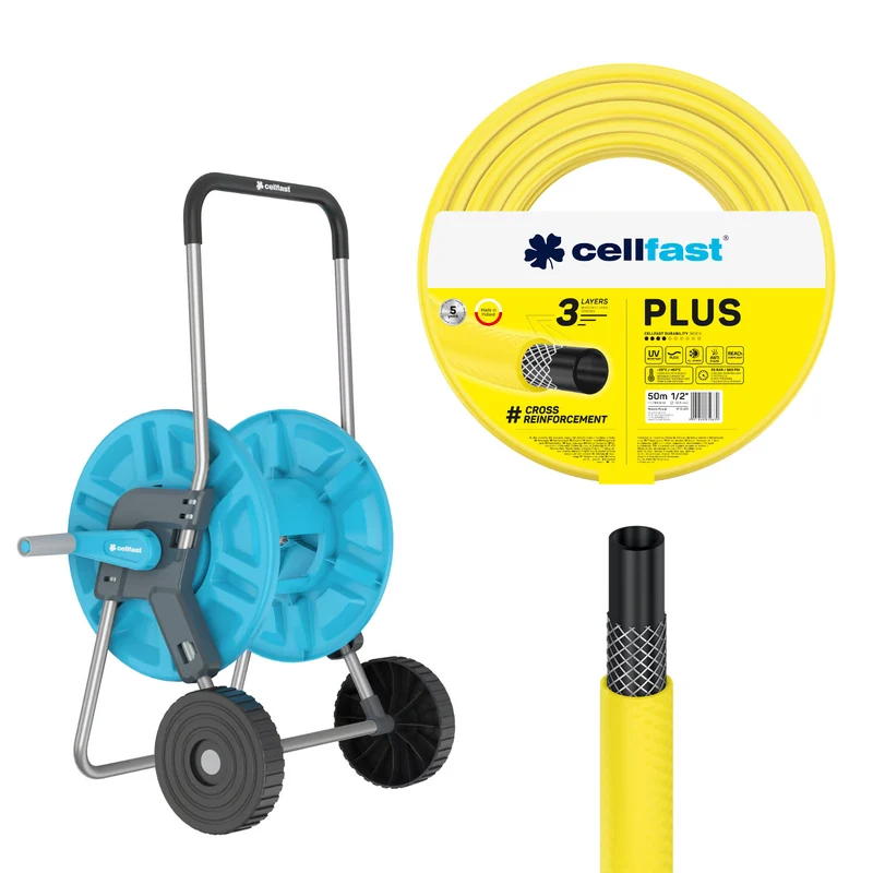 Carro para manguera Cellfast Aluplus de 1/2" y 60 m + manguera de jardín Cellfast Plus de 1/2" y 50 m