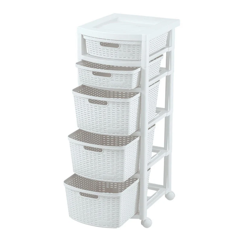 Cajonero Apariencia Rattan 2 Gavetas Bajas + 3 Gavetas Altas Blanco Nieve