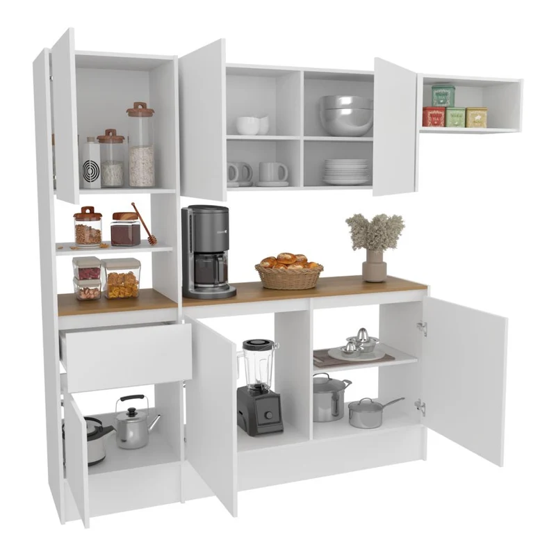 Cocina Integral Dalí , Blanco y Fresno Europeo, con Seis Puertas Batientes y un Cajón, Amplio Espacio de Almacenamiento ZF