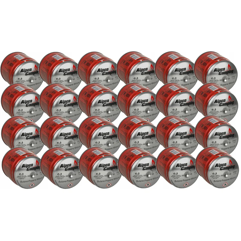 24x cartucho de gas Alpen Camping 400ml. certificado: Pi 0437, cumple con EN417, propano-butano, rango -10°c a + 40°c, sistema GAS STOP IK006