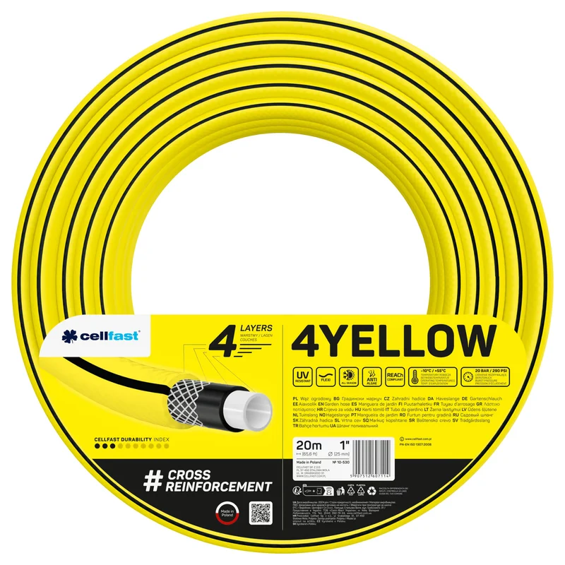 Manguera de jardín Cellfast, de 4 capas, resistente a los rayos UV, diámetro de 1", longitud de 20 m, 4YELLOW