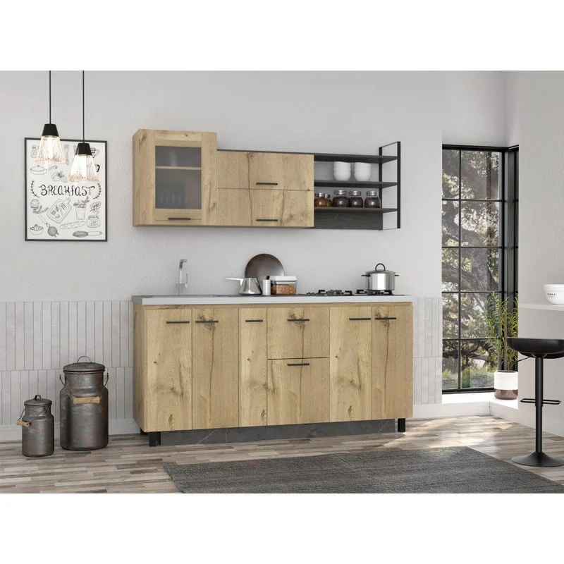 Cocina Integral Zibia, Café Claro y Piedra, Incluye Mesón Izquierdo