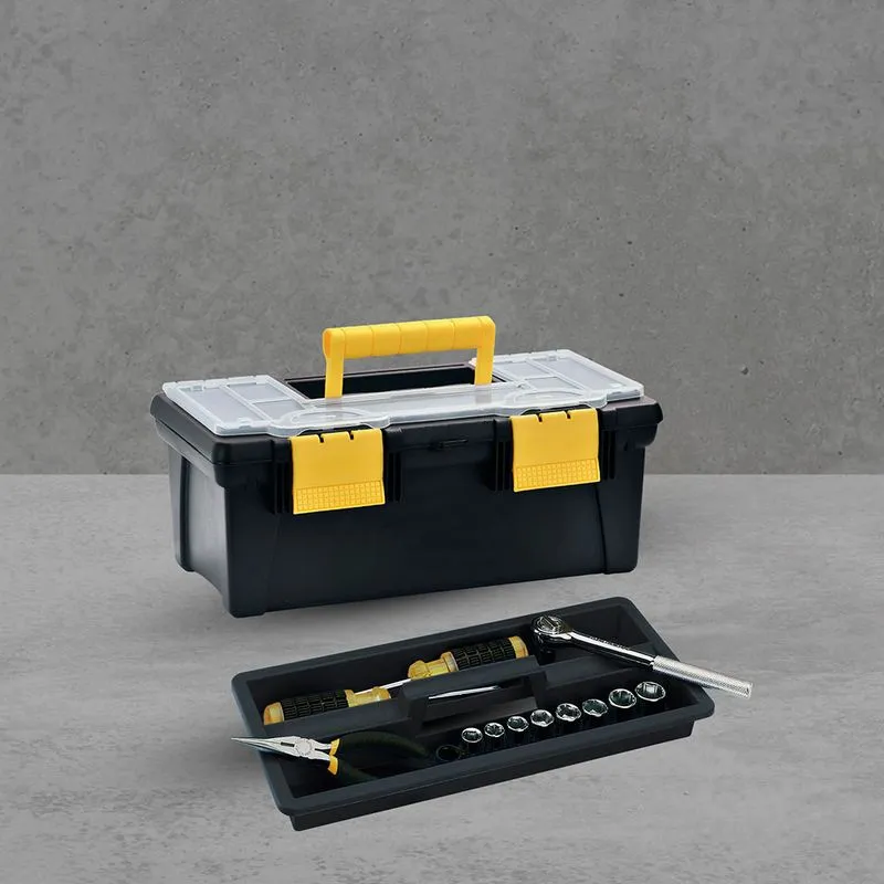 Caja Herramientas 16" con Tapa Organizadora Cerradura Plástica Negro