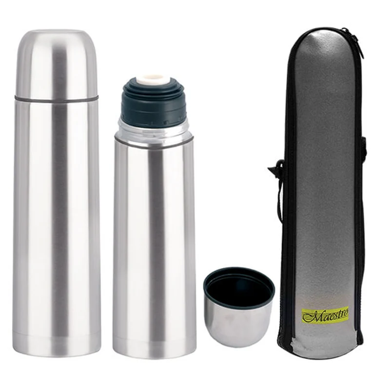 Botella aislante de acero inoxidable con vaso y bolsa de transporte para bebidas calientes o frías (1000ml)