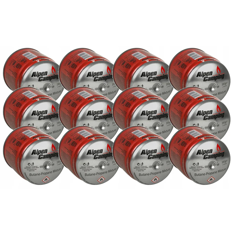 12x cartucho de gas Alpen Camping 400ml. certificado: Pi 0437, cumple con EN417, propano-butano, rango -10°c a + 40°c, sistema GAS STOP IK006