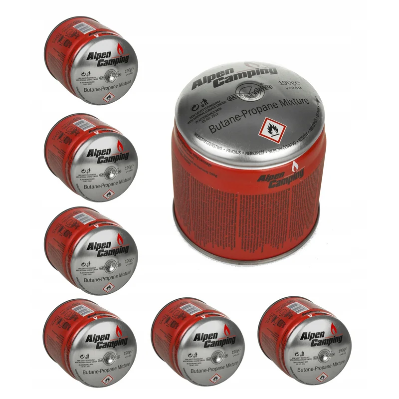48x cartucho de gas Alpen Camping 400ml. certificado: Pi 0437, cumple con EN417, propano-butano, rango -10°c a + 40°c, sistema GAS STOP IK006