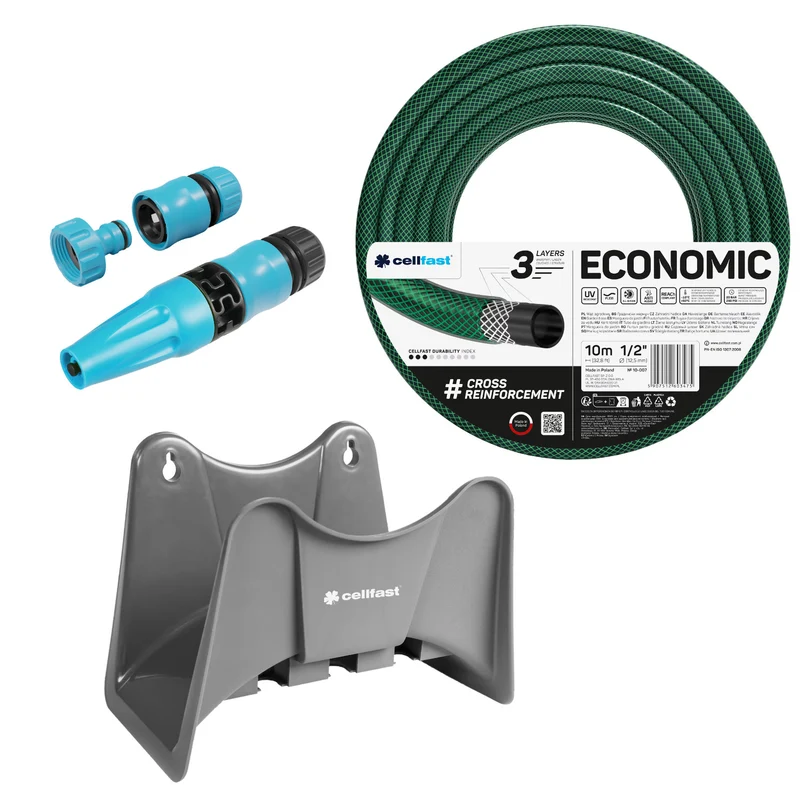 Manguera de jardín Cellfast Economic de 1/2" y 10 m + soporte para manguera Cellfast gris + kit con aspersor recto Cellfast Basic de 1/2"