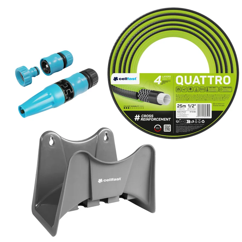 Manguera de jardín Cellfast Quattro de 1/2" y 25 m + soporte para manguera Cellfast gris + juego con aspersor recto Cellfast Basic de 1/2"