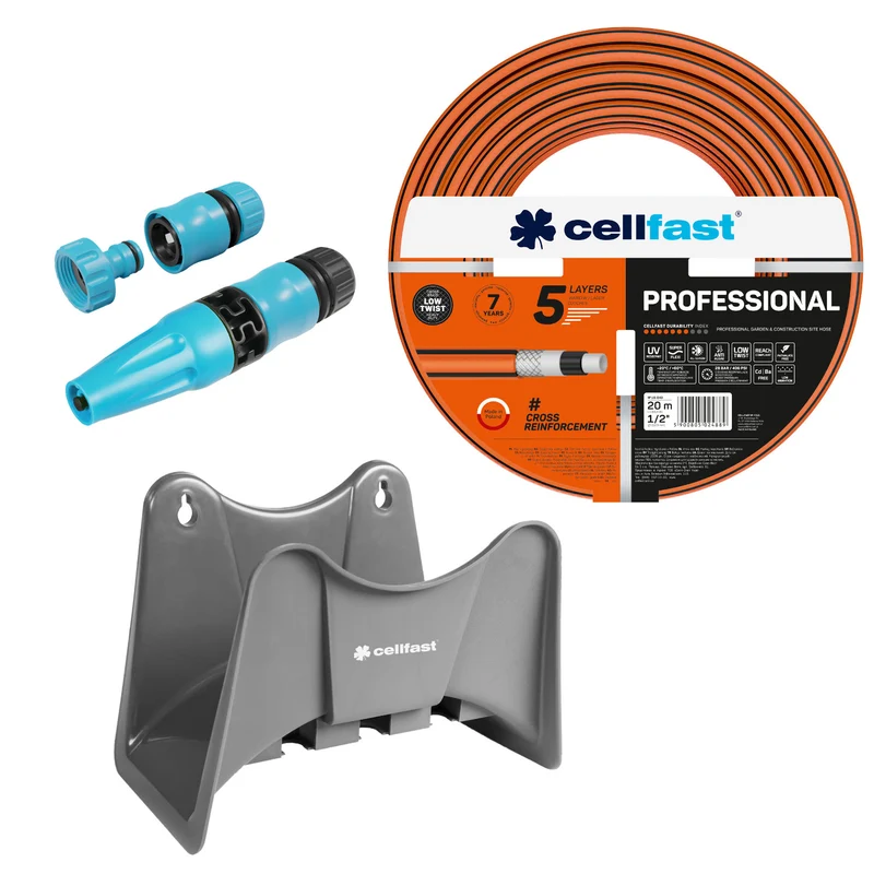 Manguera de jardín Cellfast, PROFESSIONAL 1/2" 20 m + soporte para manguera Cellfast gris + set con aspersor recto Cellfast Basic 1/2"