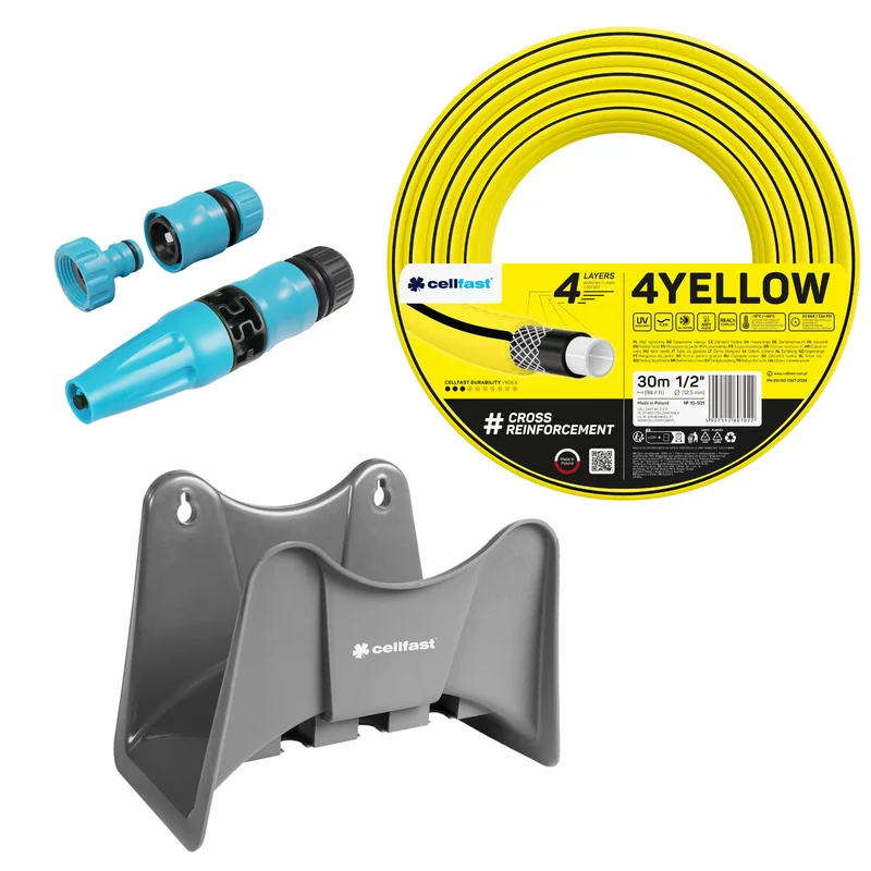 Manguera de jardín Cellfast 4YELLOW de 1/2" y 30 m + soporte para manguera Cellfast gris + kit con aspersor recto Cellfast Basic de 1/2"