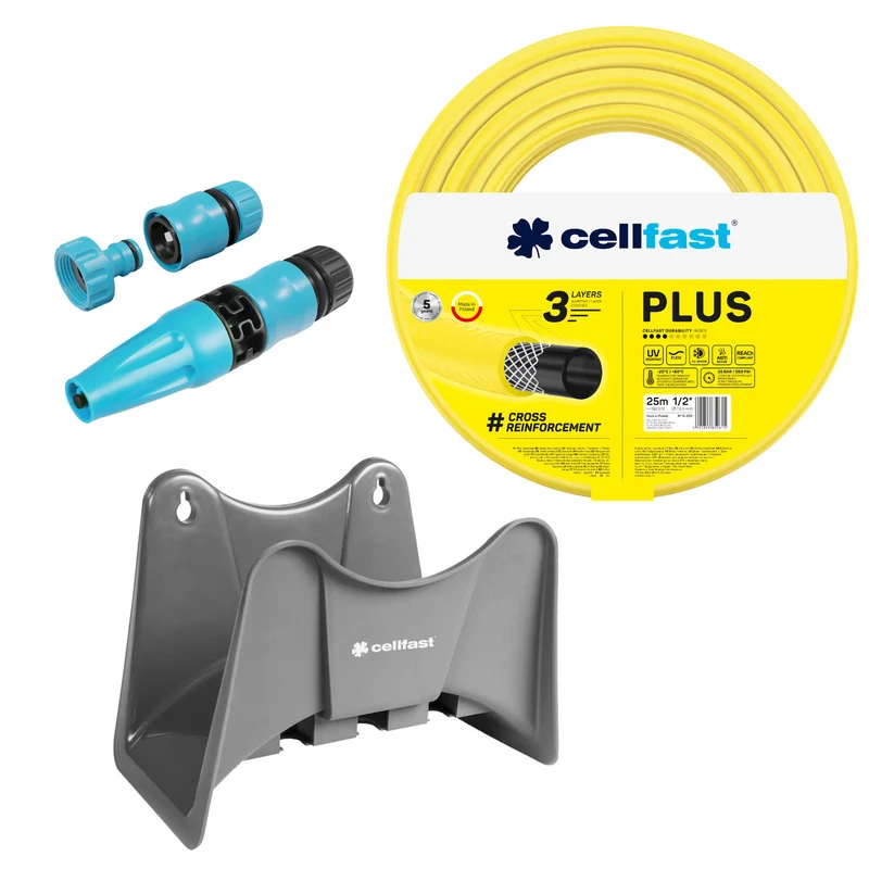 Manguera de jardín Cellfast Plus de 1/2" y 25 m + soporte para manguera Cellfast gris + kit con aspersor recto Cellfast Basic de 1/2"