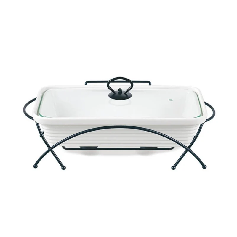 Calientaplatos de cerámica Maestro, rectangular, blanco, capacidad 1,7L, puede usarse en el horno, rejilla y tapa con asa incluidas, MR-11362-73