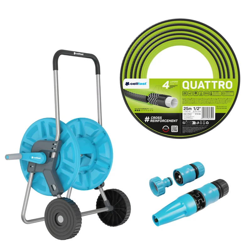 Carro para manguera Cellfast Aluplus de 1/2" y 60 m + manguera de jardín Cellfast Quattro de 1/2" y 25 m + juego con aspersor recto Cellfast Basic de 1/2"