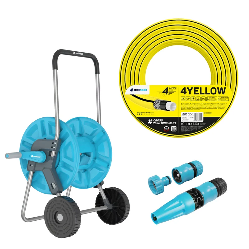 Carro para manguera Cellfast Aluplus de 1/2" y 60 m + manguera de jardín Cellfast 4YELLOW de 1/2" y 50 m + juego con aspersor recto Cellfast Basic de 1/2"
