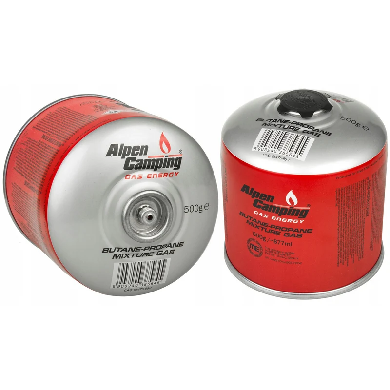 2x cartucho de camping gas Alpen de 500 g. Certificado: Pi 0437, según EN417, propano-butano, rango -10°c a + 40°c, válvula 7/16" IK008