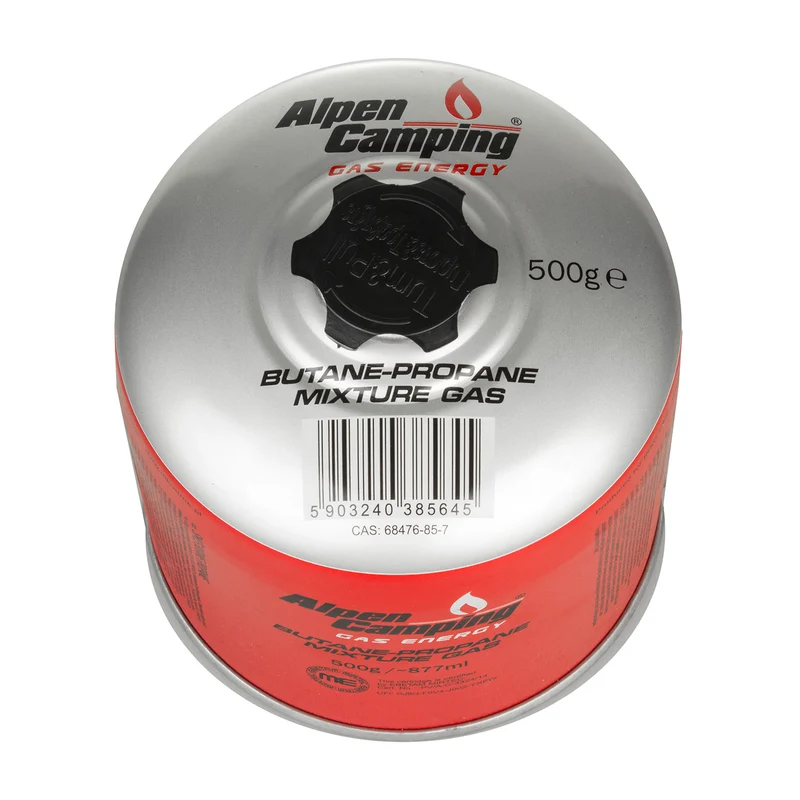 Cartucho de gas de 500g, certificado: Pi 0437, conforme a EN417, propano-butano, rango de -10 ° C a + 40 ° C, válvula roscada IK008 de 7/16 " Alpen Camping