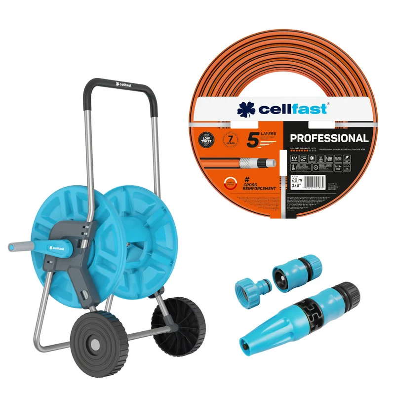 Carro para manguera Cellfast Aluplus de 1/2" y 60 m + Manguera de jardín Cellfast PROFESSIONAL de 1/2" y 20 m + Set con aspersor recto Cellfast Basic de 1/2"