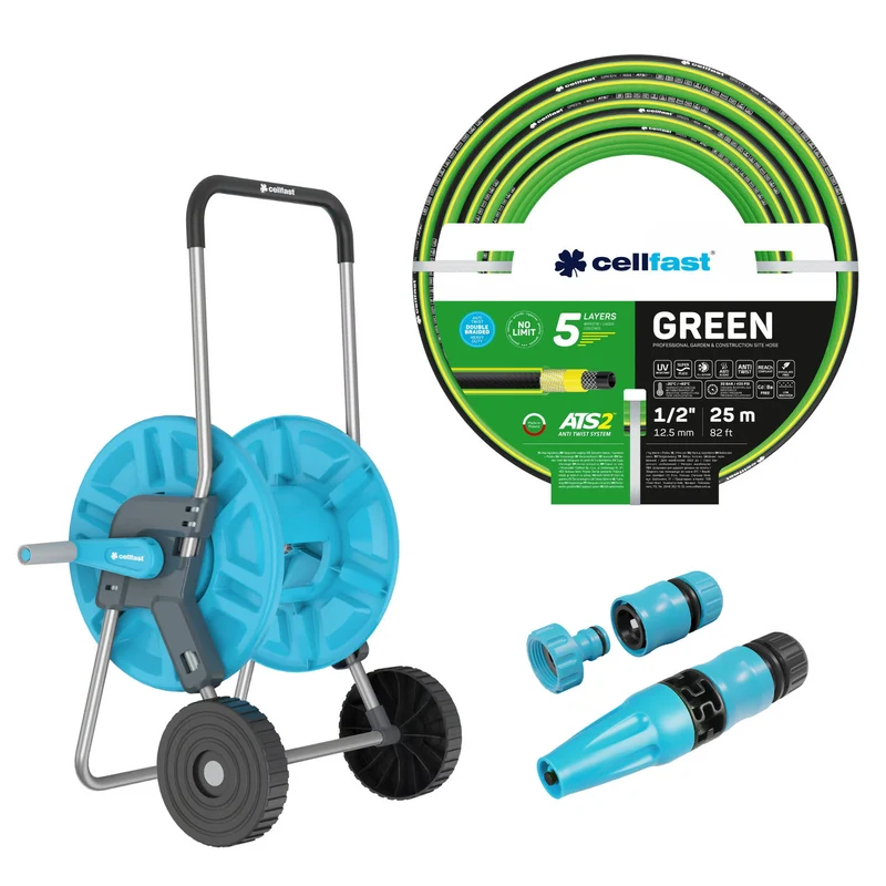 Carro para manguera Cellfast Aluplus de 1/2" y 60 m + manguera de jardín Cellfast Green ATS2 de 1/2" y 25 m + juego con aspersor recto Cellfast Basic de 1/2"