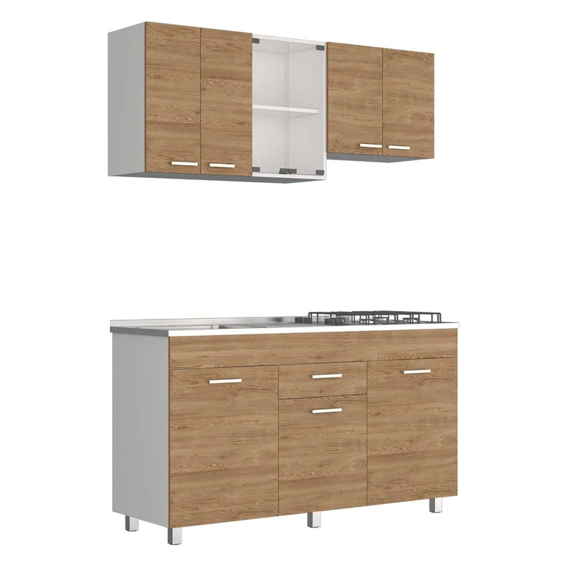 Cocina Integral Eris, Miel y Blanco, Incluye Mesón Izquierdo Laminado y Quemadores HC