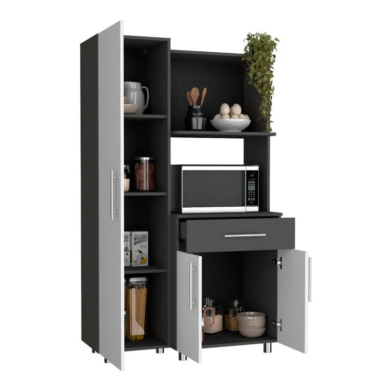 Alacena Panter, Plata Oscuro y Blanco Duqueza, con Espacio para Microondas Puertas Abatibles y un Cajón