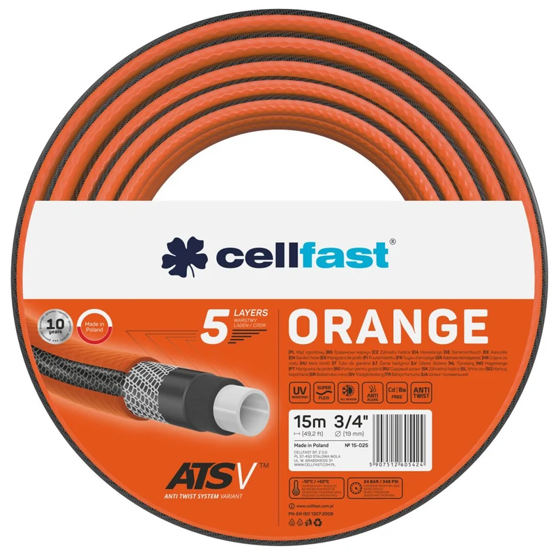 Manguera de jardín ATSV ™ de 5 capas, tejido tricot, resistente a los rayos UV, presión de rotura de 24 bar (3/4 "15 m) CELLFAST NARANJA